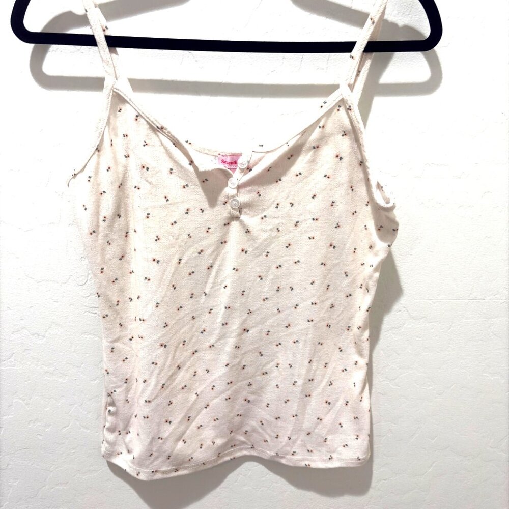 Y2K 90's Sunflower Print Ribbed Henley Tank Top Layering Piece